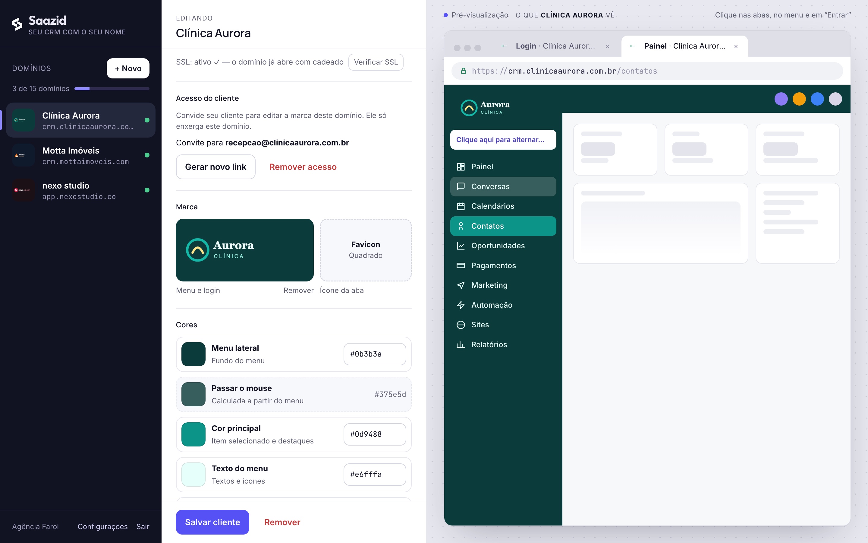 Painel do Saazid com os domínios da agência e a prévia do CRM da Clínica Aurora