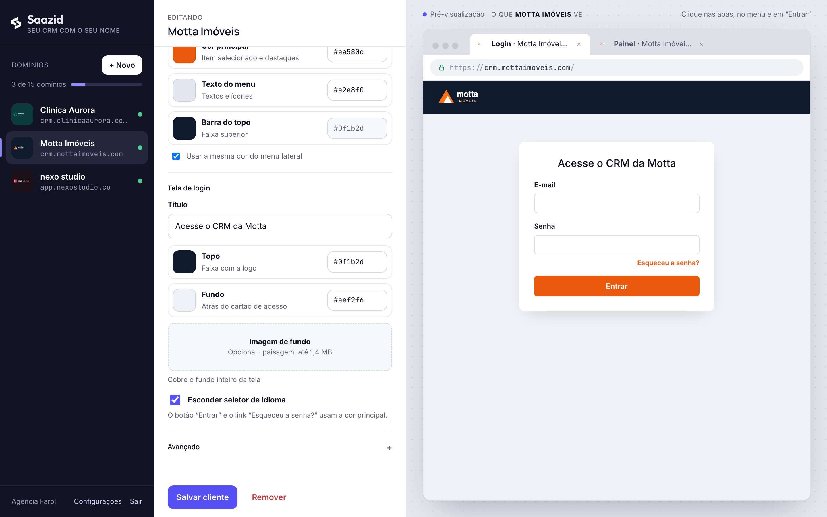 Edição da tela de login com prévia ao vivo da Motta Imóveis