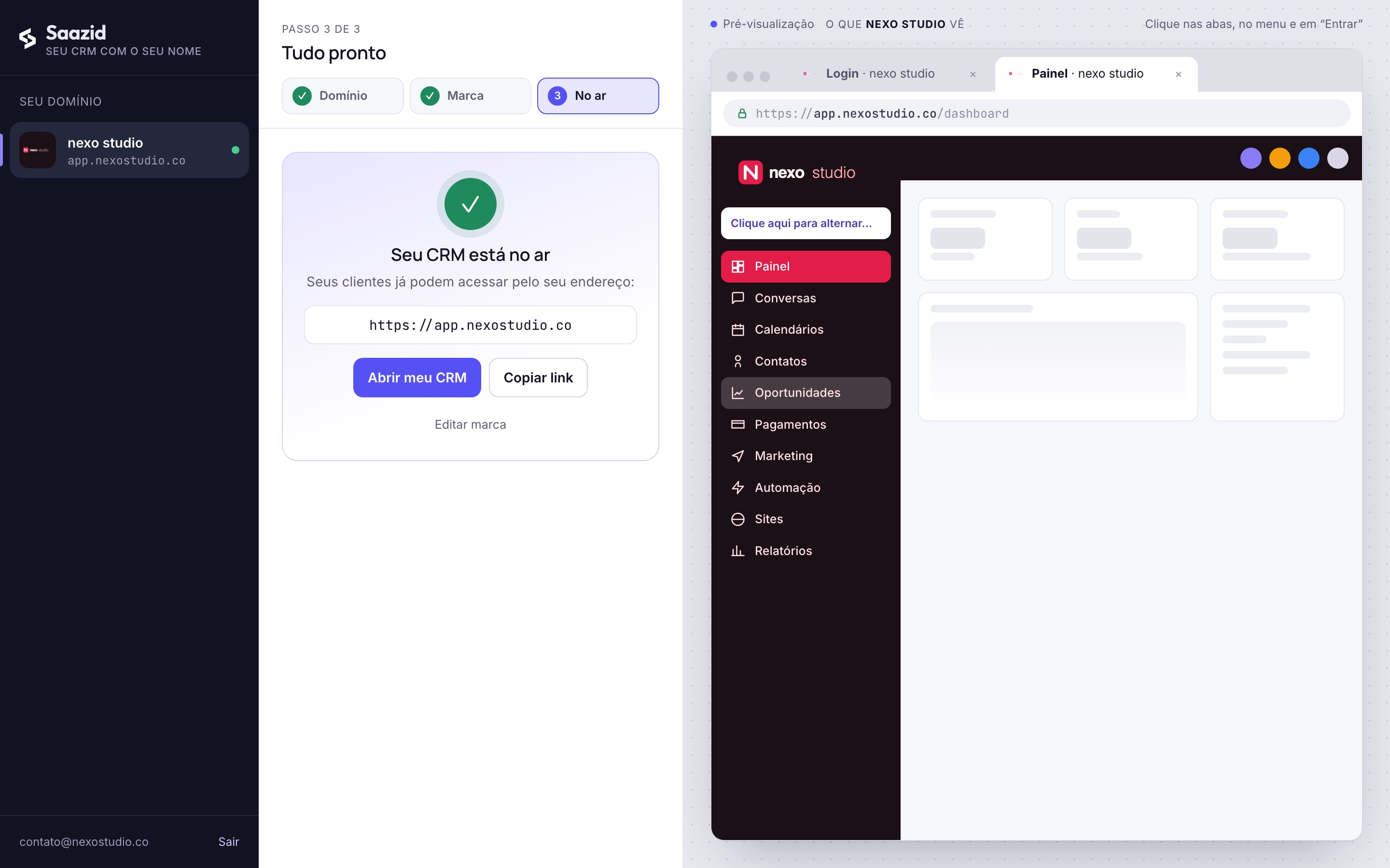 Tela de confirmação: seu CRM está no ar e protegido em app.nexostudio.co